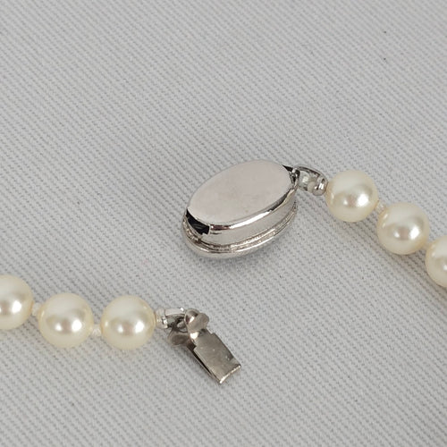 Vintage Long Faux Pearl Beaded Necklace with Decorative Silver Tone Clasp