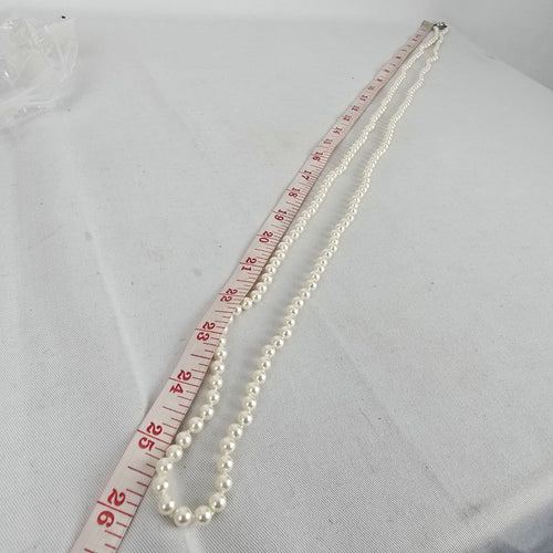 Vintage Long Faux Pearl Beaded Necklace with Decorative Silver Tone Clasp
