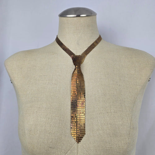 Vintage Gold Tone Mesh Tie Necklace Statement Bib Chain Necklace