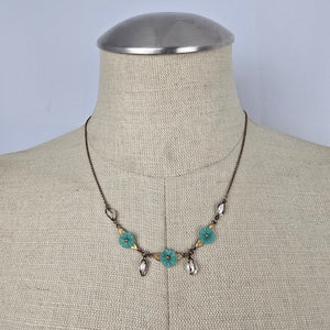 Vintage Gold Filled Turquoise Flower Pearl Dangle Floral Necklace