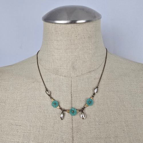 Vintage Gold Filled Turquoise Flower Pearl Dangle Floral Necklace