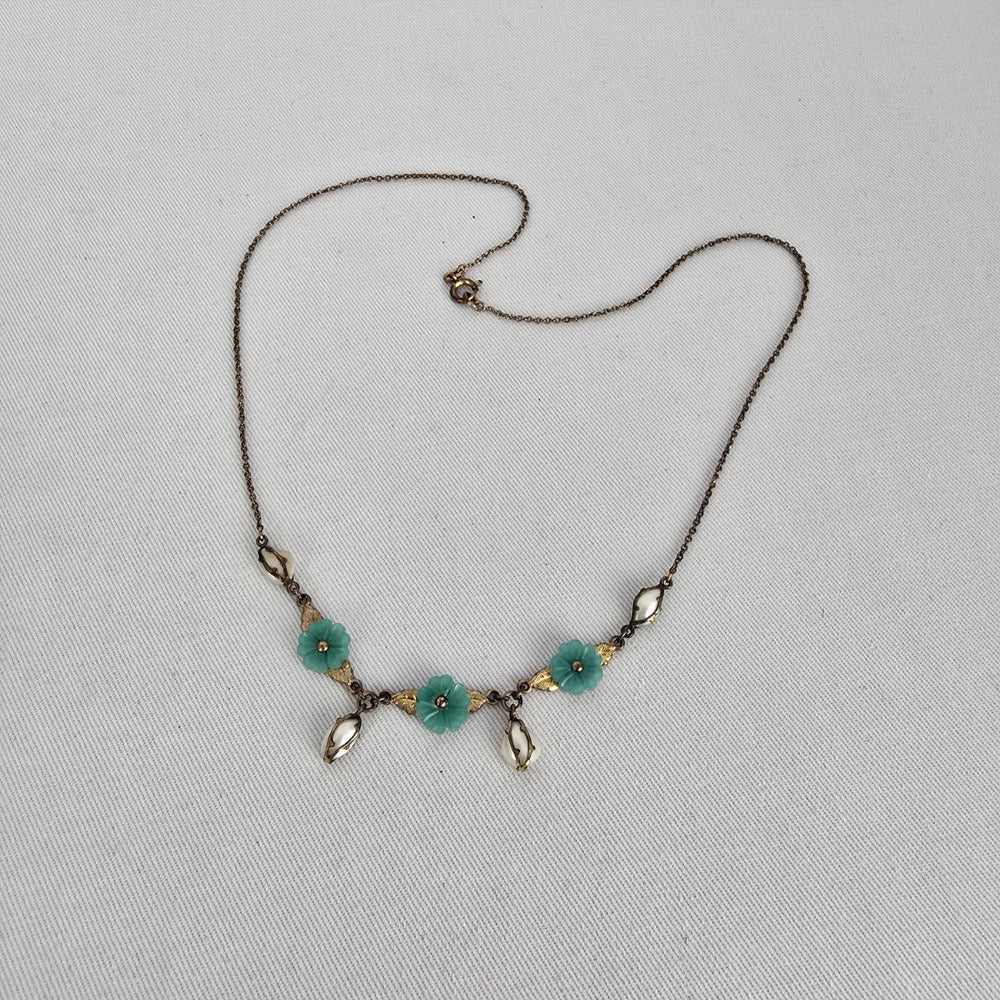 Vintage Gold Filled Turquoise Flower Pearl Dangle Floral Necklace