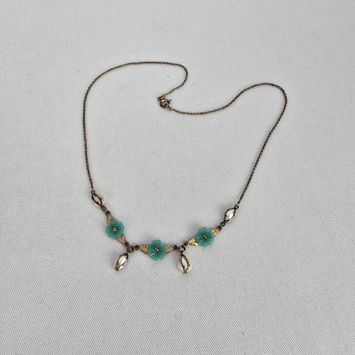 Vintage Gold Filled Turquoise Flower Pearl Dangle Floral Necklace