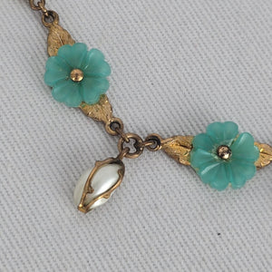 Vintage Gold Filled Turquoise Flower Pearl Dangle Floral Necklace