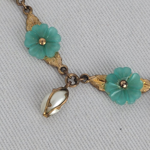 Vintage Gold Filled Turquoise Flower Pearl Dangle Floral Necklace