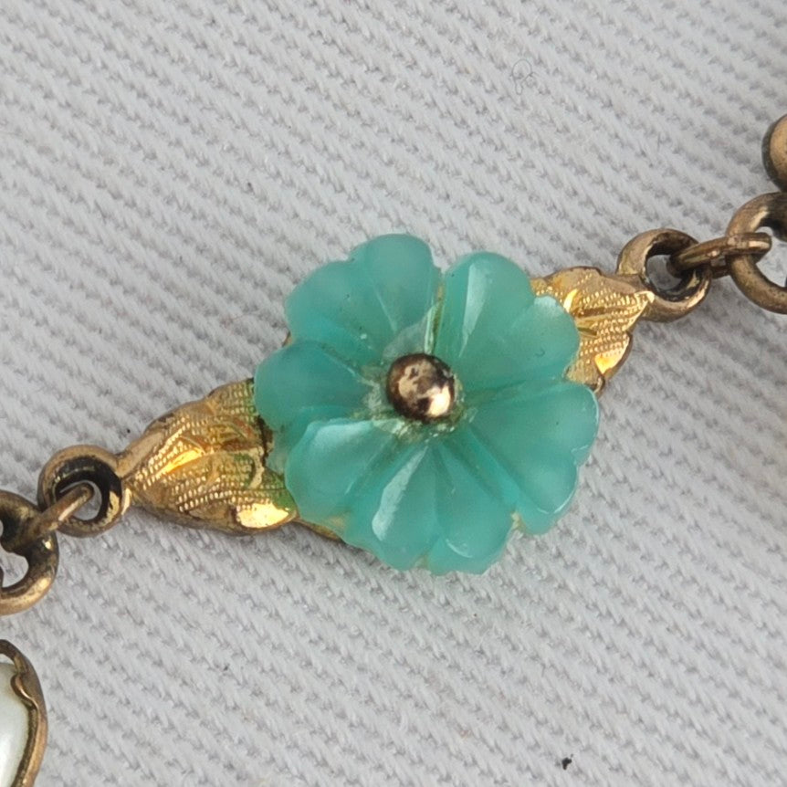 Vintage Gold Filled Turquoise Flower Pearl Dangle Floral Necklace