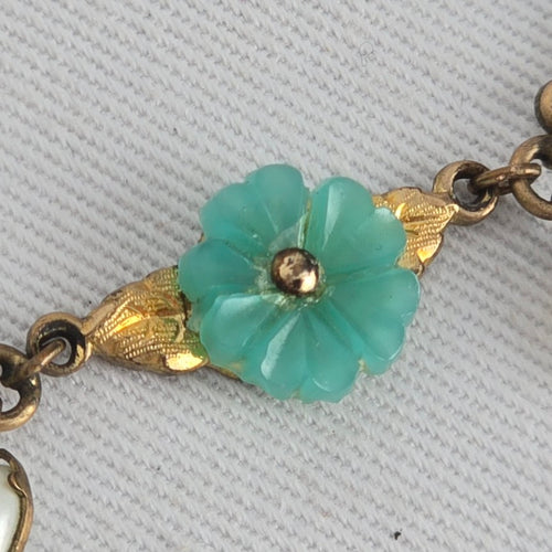 Vintage Gold Filled Turquoise Flower Pearl Dangle Floral Necklace