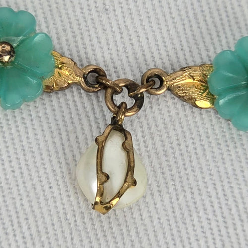 Vintage Gold Filled Turquoise Flower Pearl Dangle Floral Necklace