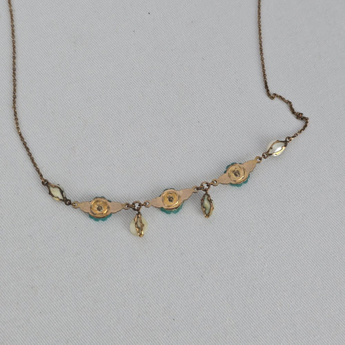 Vintage Gold Filled Turquoise Flower Pearl Dangle Floral Necklace