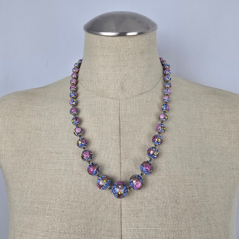 Vintage Art Glass 1950s Venetian Beaded Necklace Pink Lavender Floral