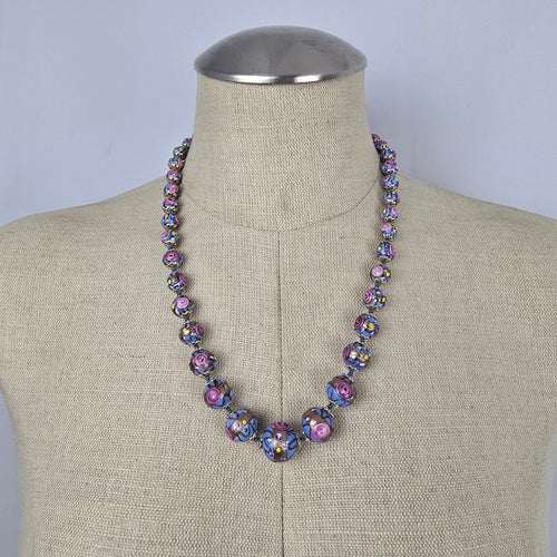 Vintage Art Glass 1950s Venetian Beaded Necklace Pink Lavender Floral