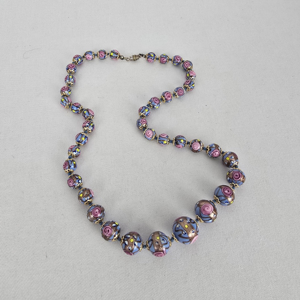 Vintage Art Glass 1950s Venetian Beaded Necklace Pink Lavender Floral