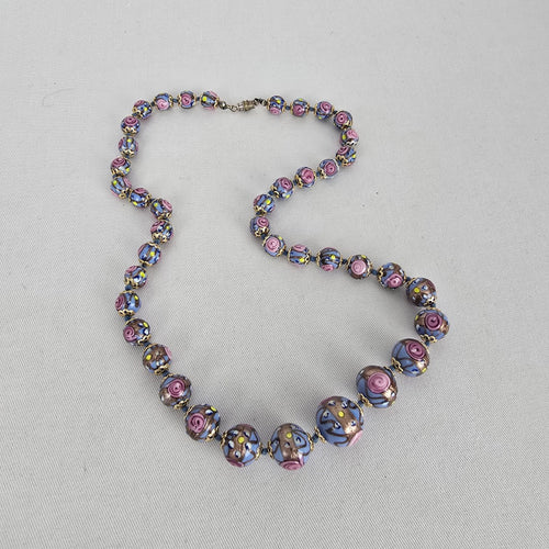 Vintage Art Glass 1950s Venetian Beaded Necklace Pink Lavender Floral