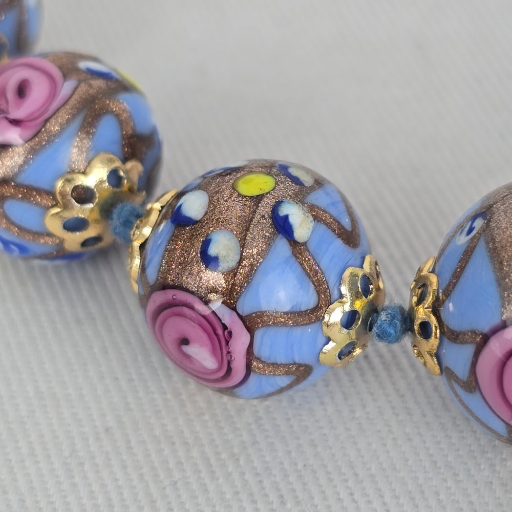 Vintage Art Glass 1950s Venetian Beaded Necklace Pink Lavender Floral