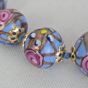 Vintage Art Glass 1950s Venetian Beaded Necklace Pink Lavender Floral
