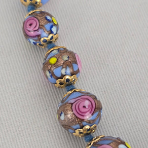 Vintage Art Glass 1950s Venetian Beaded Necklace Pink Lavender Floral