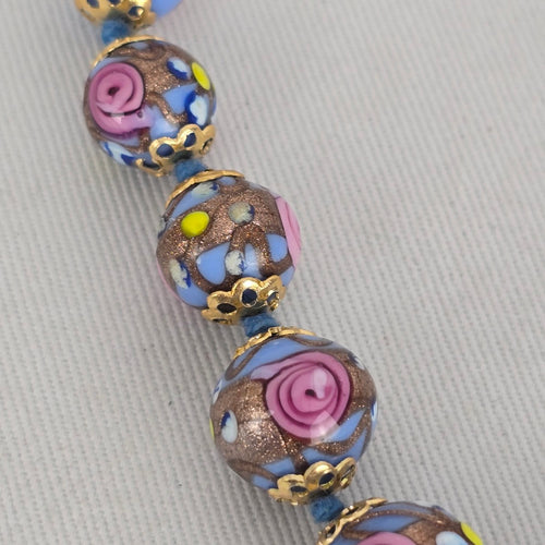 Vintage Art Glass 1950s Venetian Beaded Necklace Pink Lavender Floral