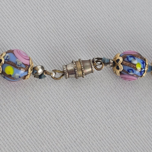 Vintage Art Glass 1950s Venetian Beaded Necklace Pink Lavender Floral