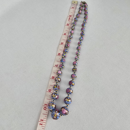 Vintage Art Glass 1950s Venetian Beaded Necklace Pink Lavender Floral