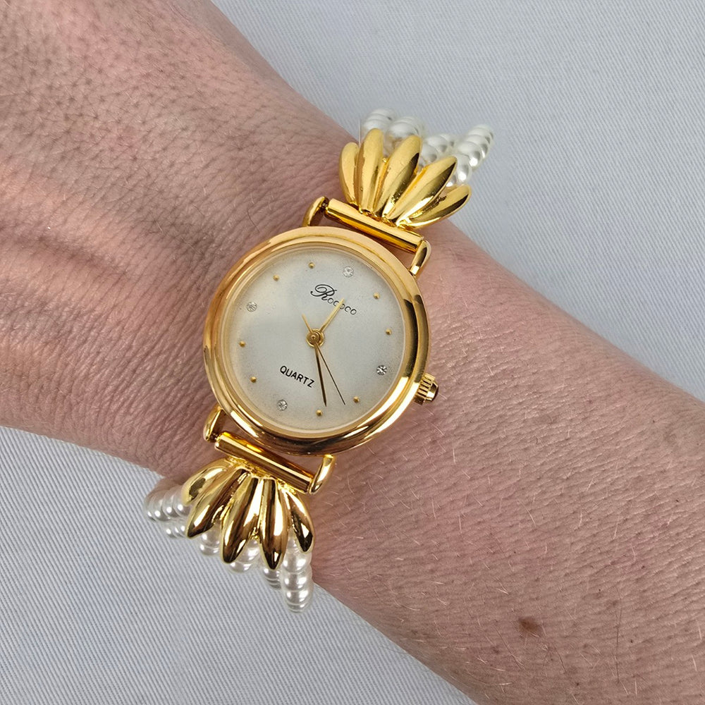 Vintage Rococo Faux Pearl Gold Tone Quartz Bracelet Watch