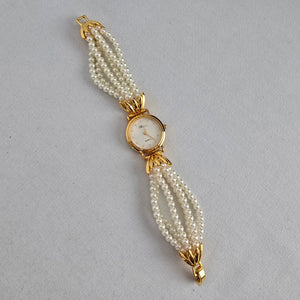 Vintage Rococo Faux Pearl Gold Tone Quartz Bracelet Watch