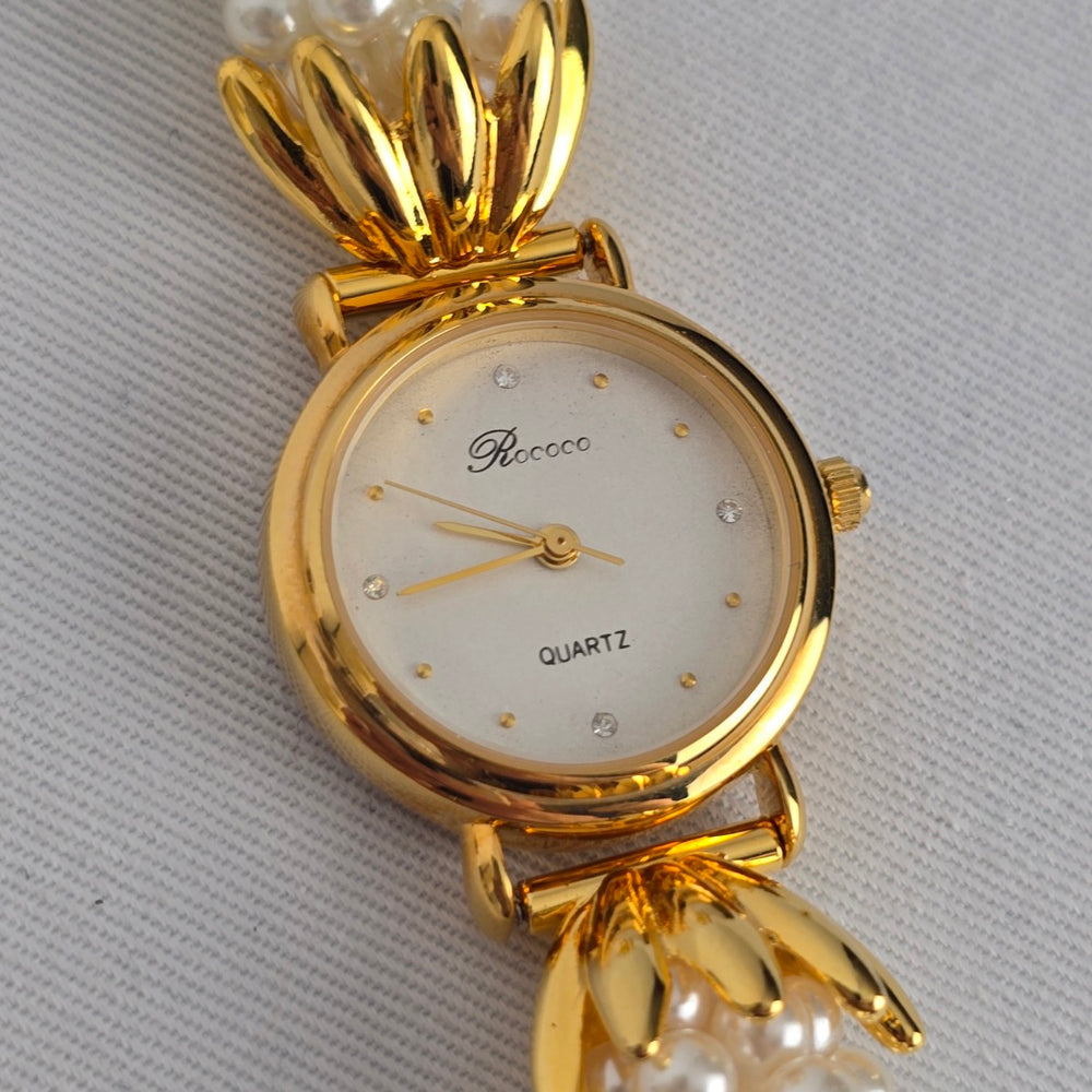 Vintage Rococo Faux Pearl Gold Tone Quartz Bracelet Watch