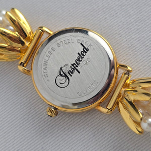 Vintage Rococo Faux Pearl Gold Tone Quartz Bracelet Watch