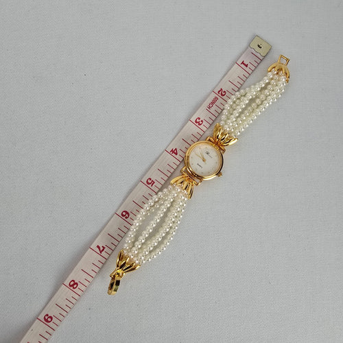 Vintage Rococo Faux Pearl Gold Tone Quartz Bracelet Watch