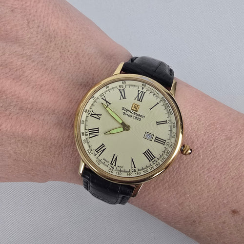 Steinhausen Swiss 5 Jewel Gold Tone Date Leather Dress Watch