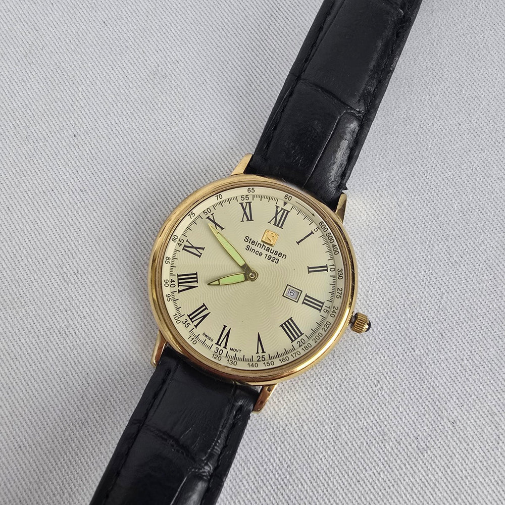 Steinhausen Swiss 5 Jewel Gold Tone Date Leather Dress Watch