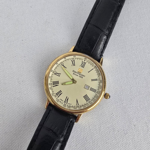 Steinhausen Swiss 5 Jewel Gold Tone Date Leather Dress Watch