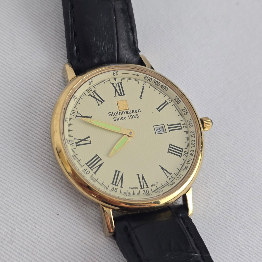Steinhausen Swiss 5 Jewel Gold Tone Date Leather Dress Watch
