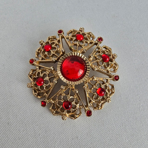 Vintage Sarah Coventry Gold Tone Red Cabochon Rhinestone Brooch Pin