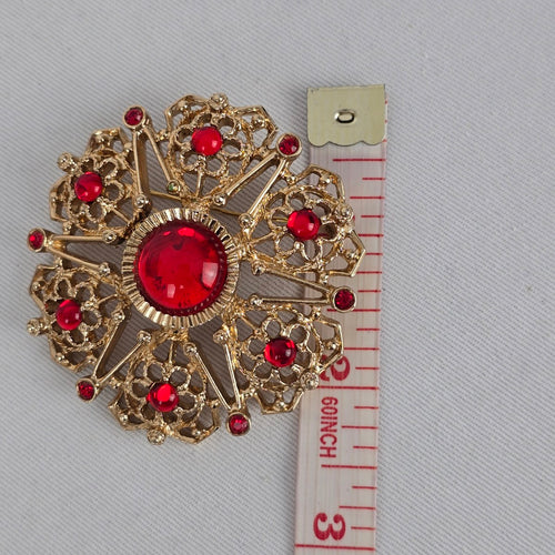 Vintage Sarah Coventry Gold Tone Red Cabochon Rhinestone Brooch Pin