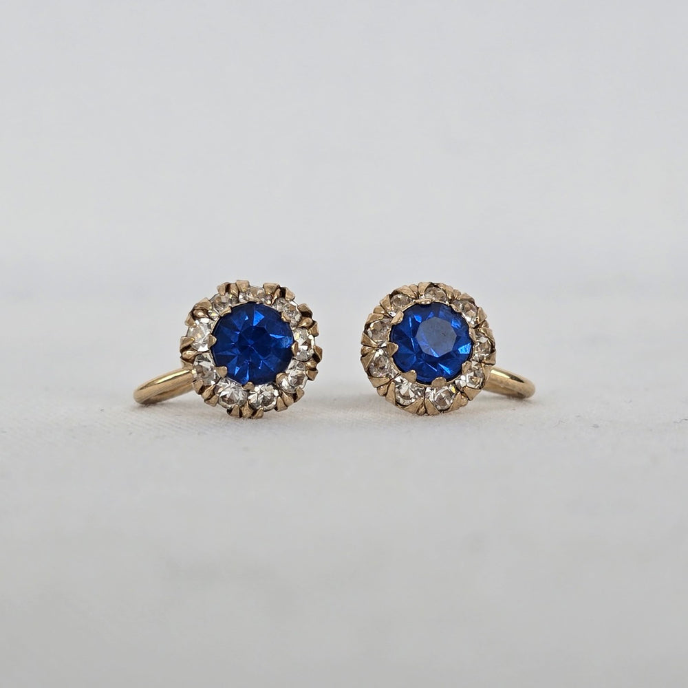 Vintage 12K Gold Filled Blue Rhinestone Screw Back Earrings Halo Design