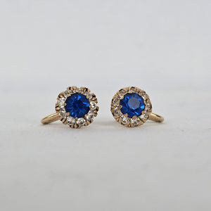 Vintage 12K Gold Filled Blue Rhinestone Screw Back Earrings Halo Design