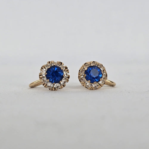 Vintage 12K Gold Filled Blue Rhinestone Screw Back Earrings Halo Design