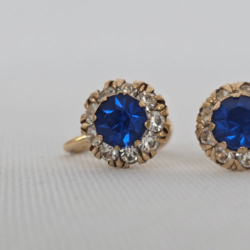 Vintage 12K Gold Filled Blue Rhinestone Screw Back Earrings Halo Design