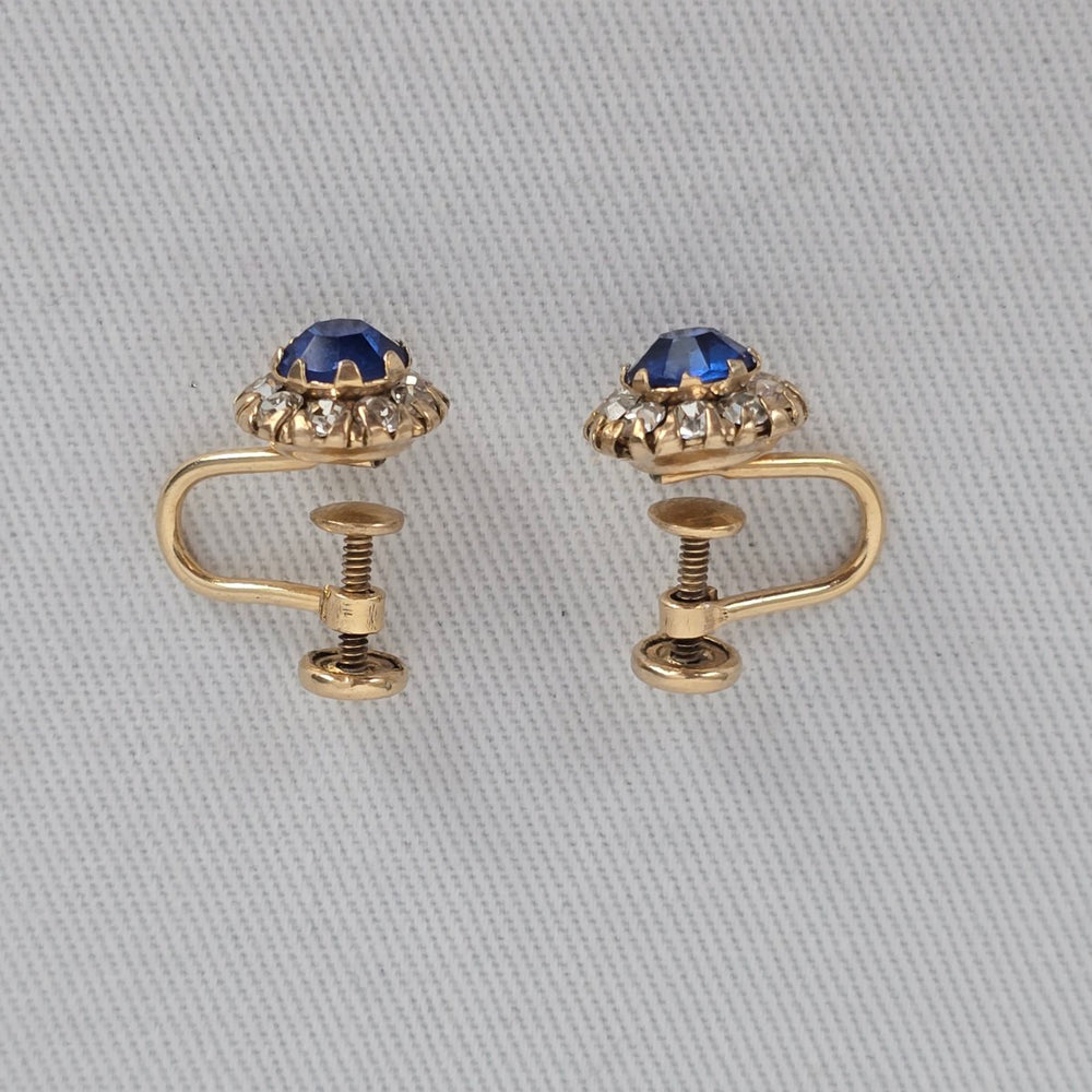 Vintage 12K Gold Filled Blue Rhinestone Screw Back Earrings Halo Design