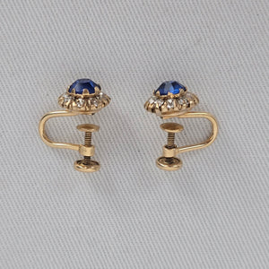 Vintage 12K Gold Filled Blue Rhinestone Screw Back Earrings Halo Design