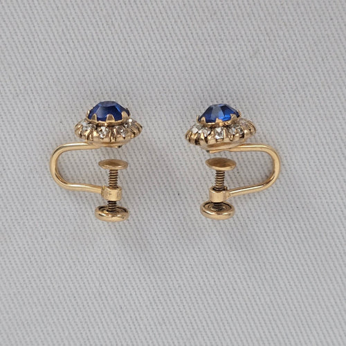 Vintage 12K Gold Filled Blue Rhinestone Screw Back Earrings Halo Design