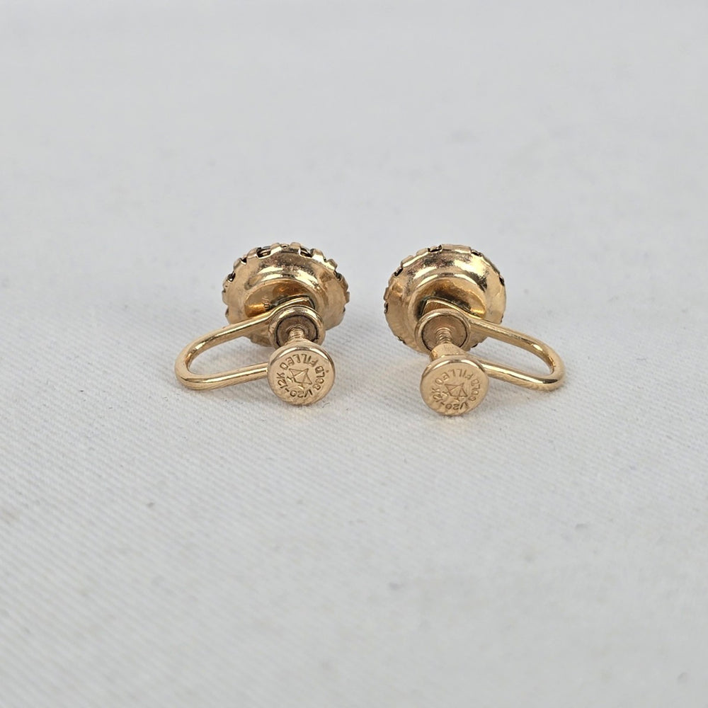Vintage 12K Gold Filled Blue Rhinestone Screw Back Earrings Halo Design