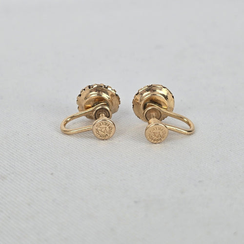 Vintage 12K Gold Filled Blue Rhinestone Screw Back Earrings Halo Design