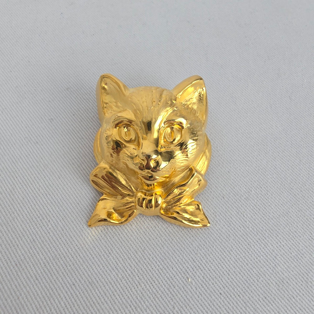 Vintage Gold Tone Cat Face earring with Bow Cute Kitten Animal Pin Brooch