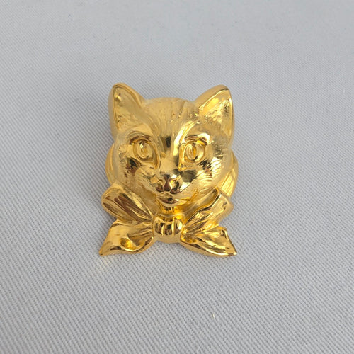 Vintage Gold Tone Cat Face earring with Bow Cute Kitten Animal Pin Brooch