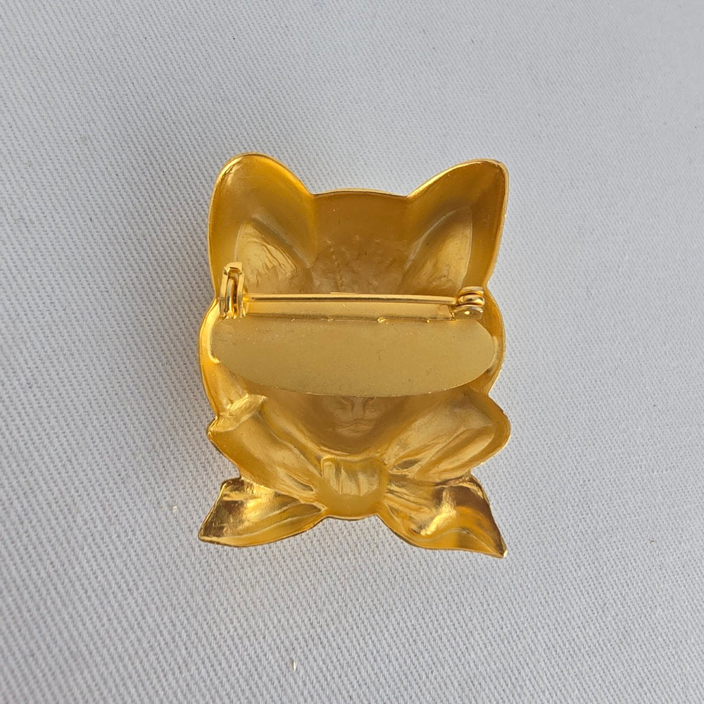 Vintage Gold Tone Cat Face earring with Bow Cute Kitten Animal Pin Brooch