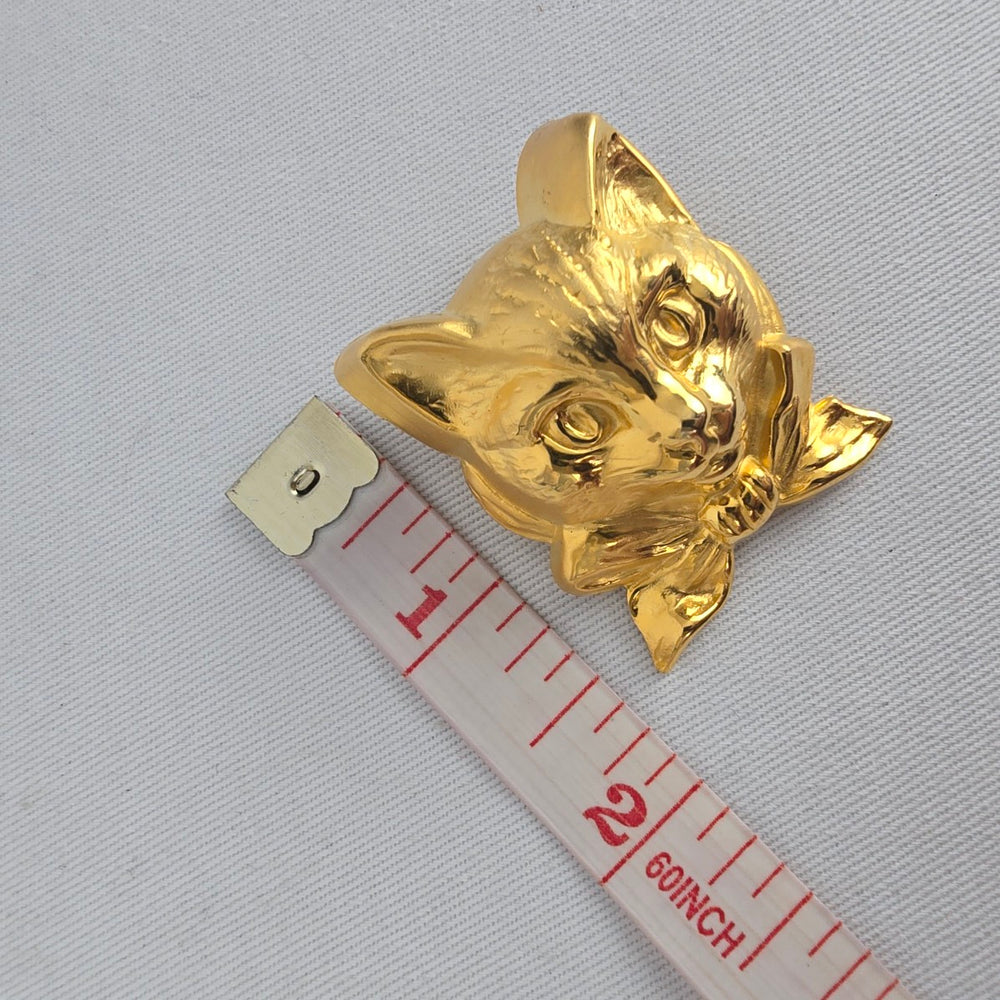 Vintage Gold Tone Cat Face earring with Bow Cute Kitten Animal Pin Brooch