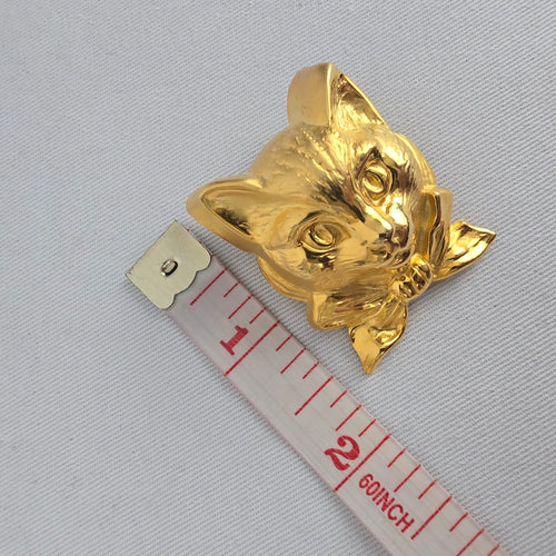 Vintage Gold Tone Cat Face earring with Bow Cute Kitten Animal Pin Brooch
