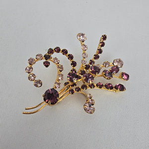 Vintage Gold Tone Purple Rhinestone Floral Spray Brooch  Bouquet Pin