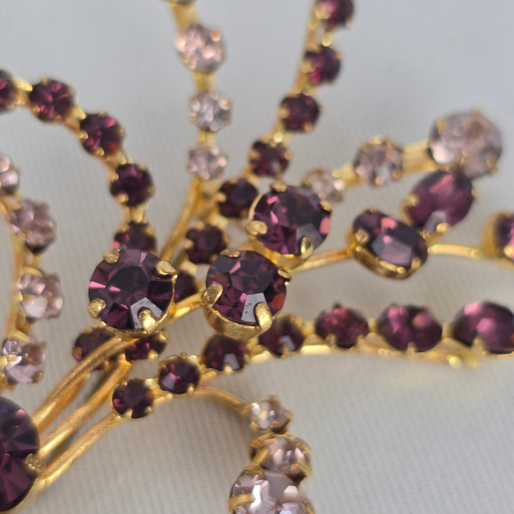 Vintage Gold Tone Purple Rhinestone Floral Spray Brooch  Bouquet Pin